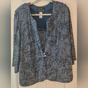 Women'a Alex Evenings Blue Silver Metallic White Patterned Twinset Rhinestone 2X